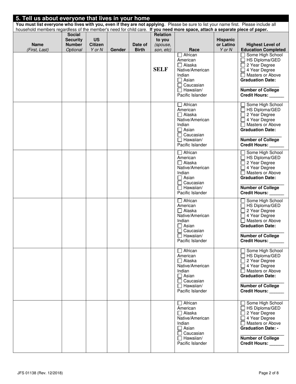 Form JFS01138 Application for Child Care Benefits - Ohio, Page 4