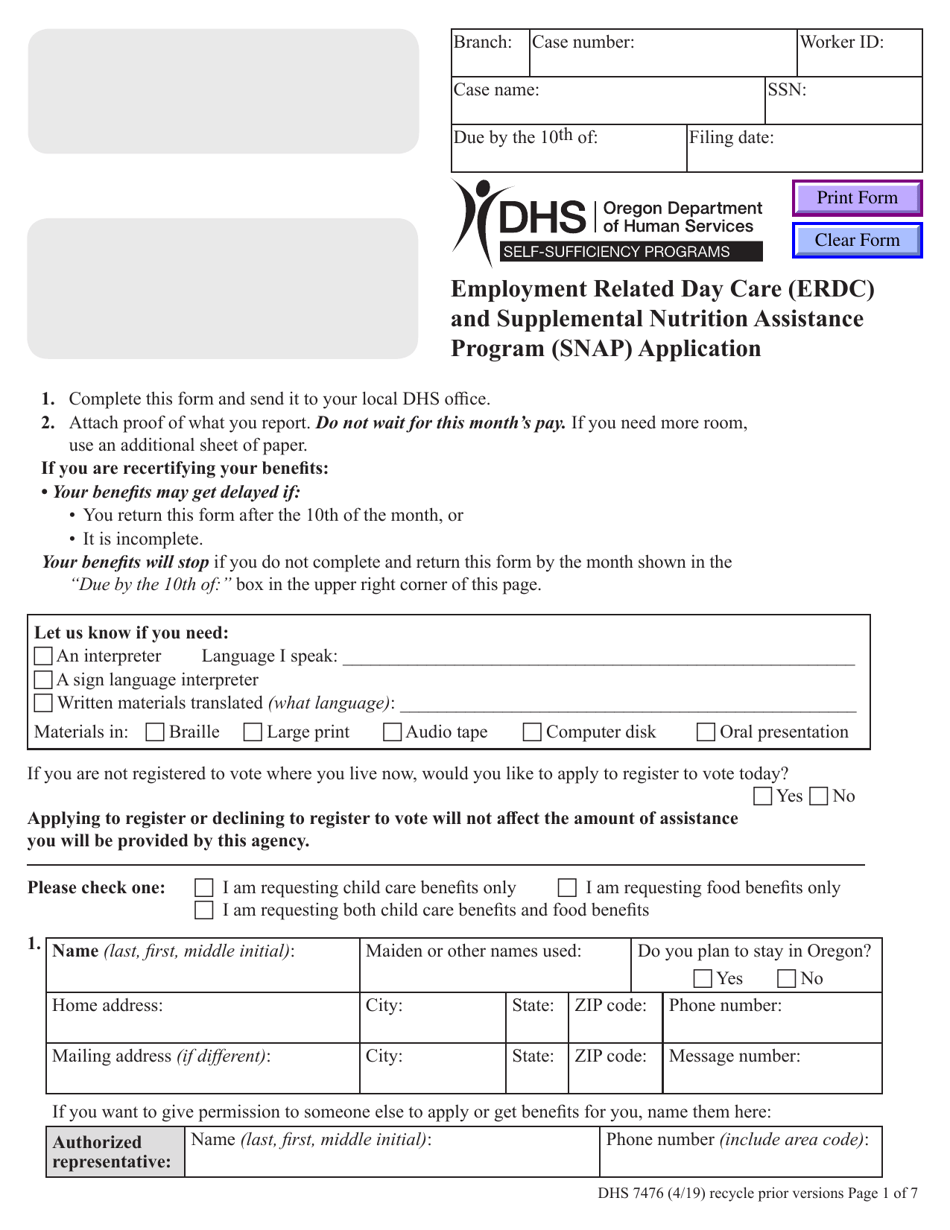 Form DHS7476 Employment Related Day Care (Erdc) and Supplemental Nutrition Assistance Program (Snap) Application - Oregon, Page 1