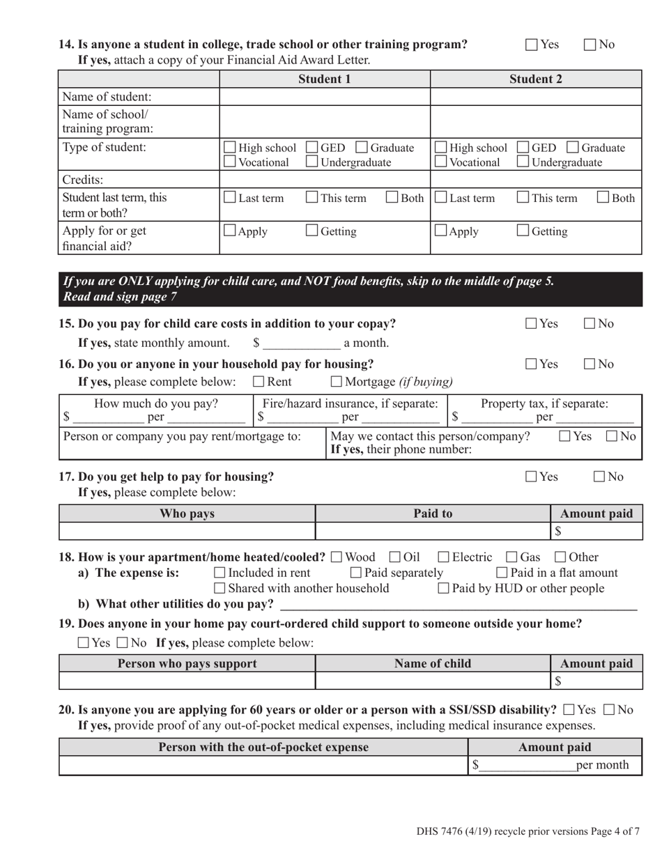 Form DHS7476 Fill Out, Sign Online and Download Fillable PDF, Oregon