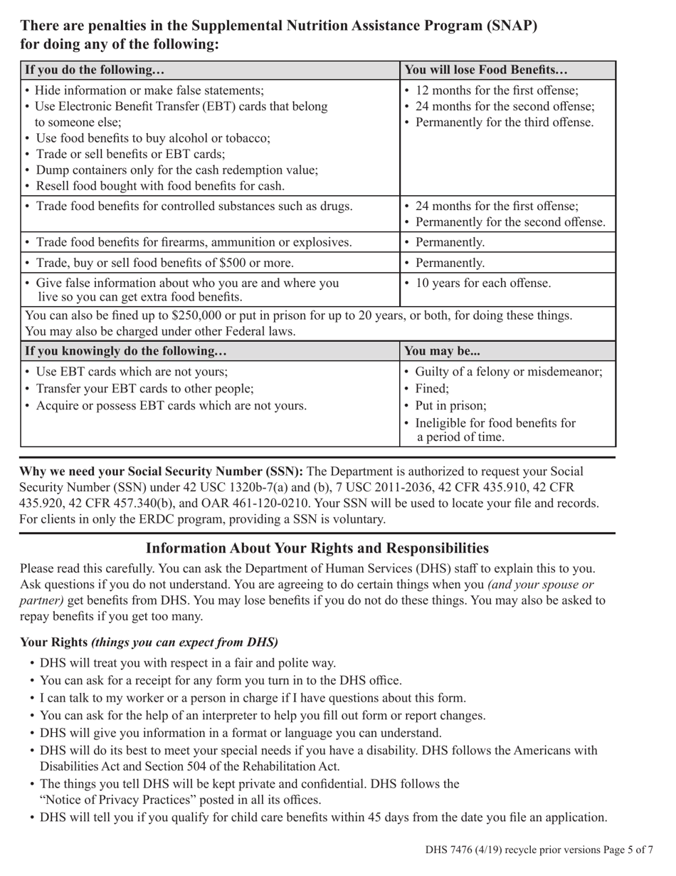 Form DHS7476 Fill Out, Sign Online and Download Fillable PDF, Oregon