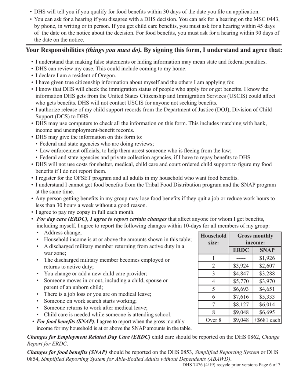 Form DHS7476 Fill Out, Sign Online and Download Fillable PDF, Oregon