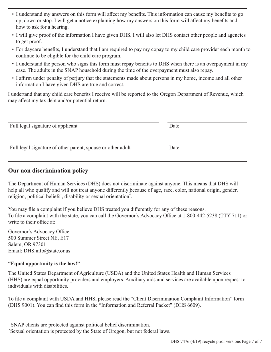 Form DHS7476 Fill Out, Sign Online and Download Fillable PDF, Oregon