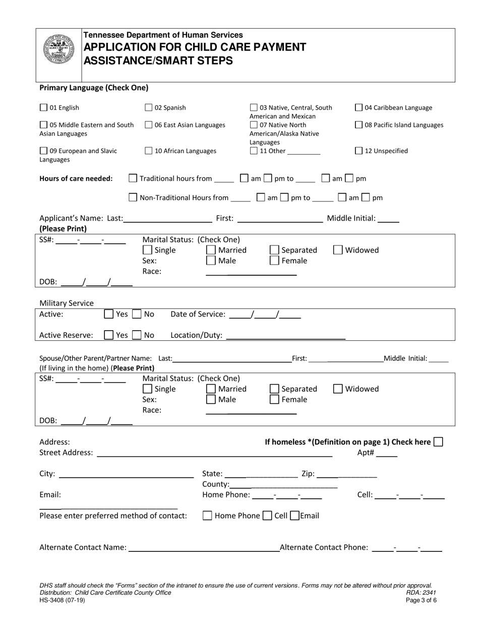 Form HS-3408 Application for Child Care Payment Assistance / Smart Steps - Tennessee, Page 3