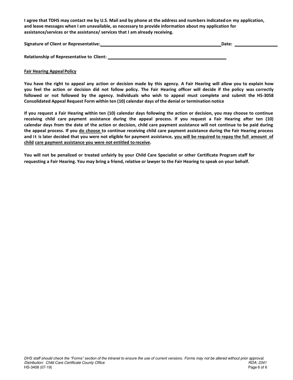 Form HS-3408 Application for Child Care Payment Assistance / Smart Steps - Tennessee, Page 6