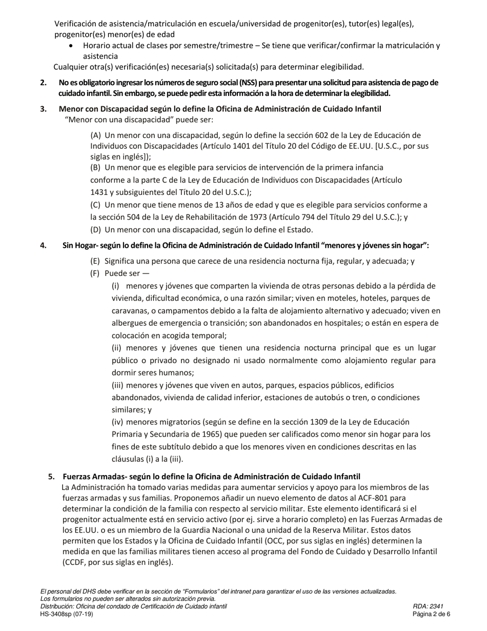 Formulario HS-3408SP Solicitud Para Asistencia De Pago De Cuidado Infantil / Smart Steps - Tennessee (Spanish), Page 2