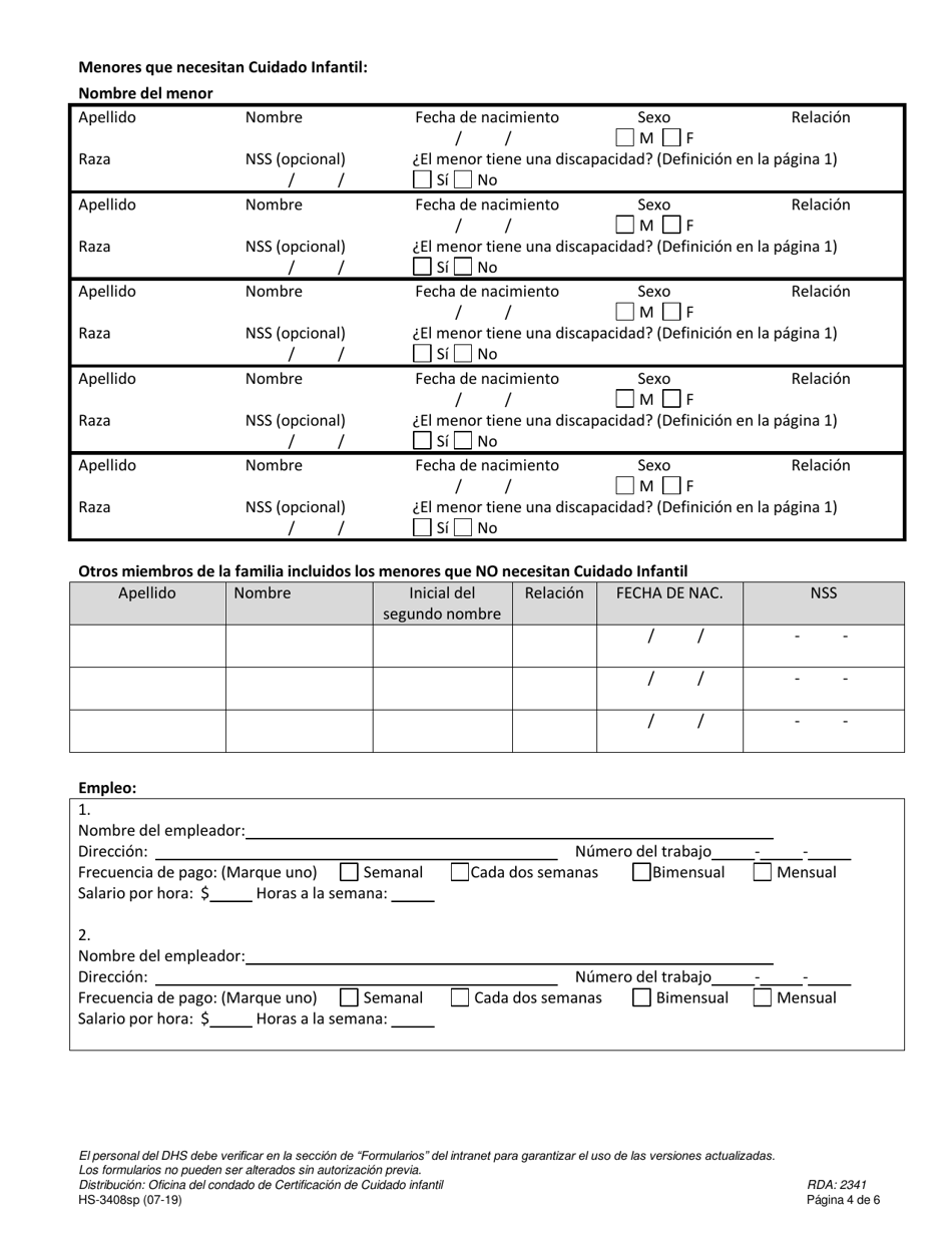 Formulario HS-3408SP Solicitud Para Asistencia De Pago De Cuidado Infantil / Smart Steps - Tennessee (Spanish), Page 4