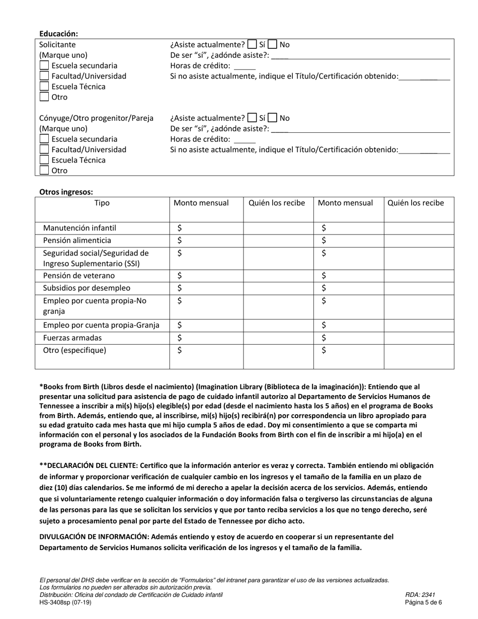 Formulario HS-3408SP Solicitud Para Asistencia De Pago De Cuidado Infantil / Smart Steps - Tennessee (Spanish), Page 5