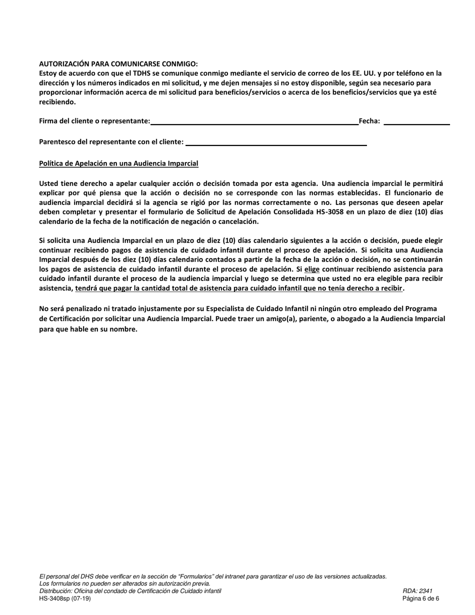Formulario HS-3408SP Solicitud Para Asistencia De Pago De Cuidado Infantil / Smart Steps - Tennessee (Spanish), Page 6