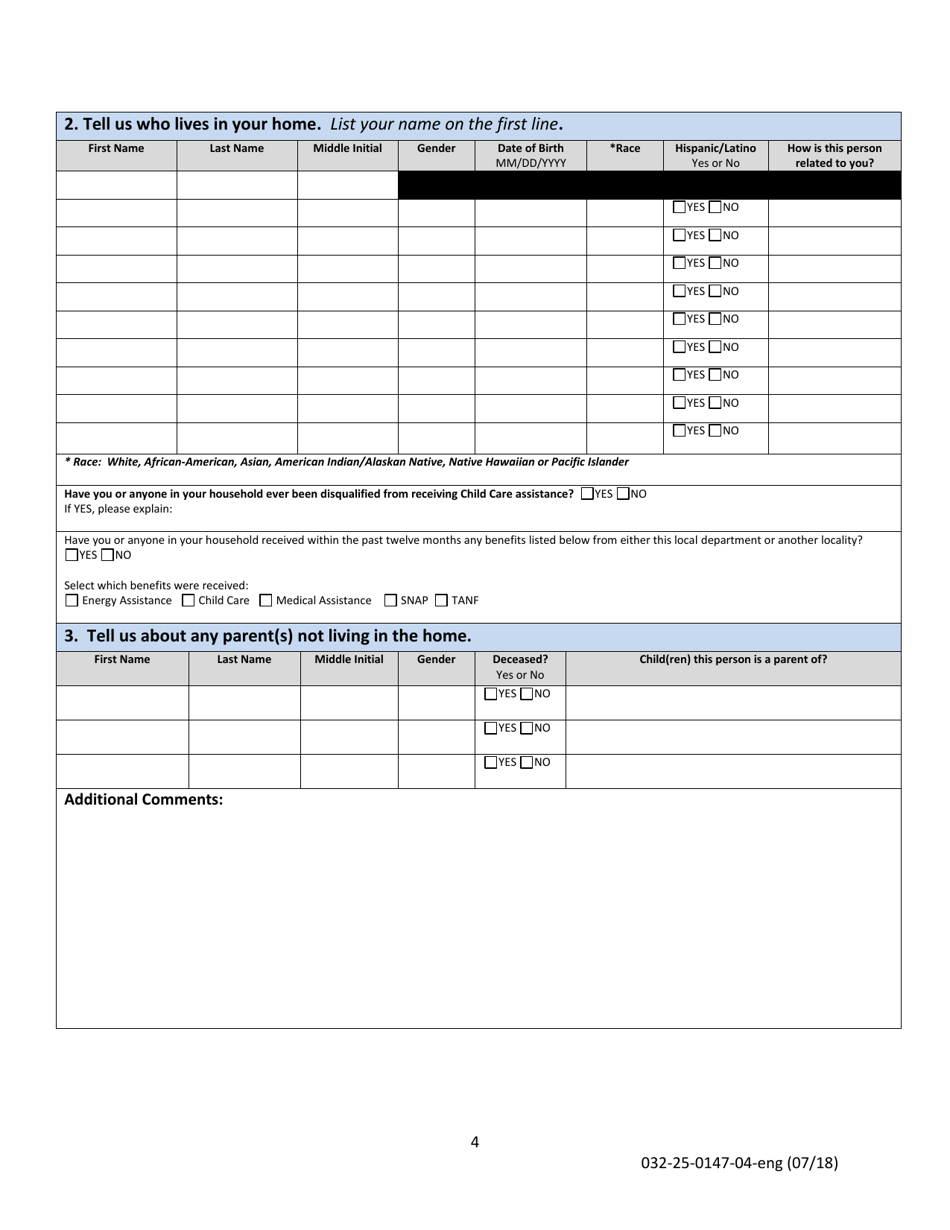 Form 032-25-0147-04-ENG Child Care Subsidy Service Application and Redetermination Form - Virginia, Page 4