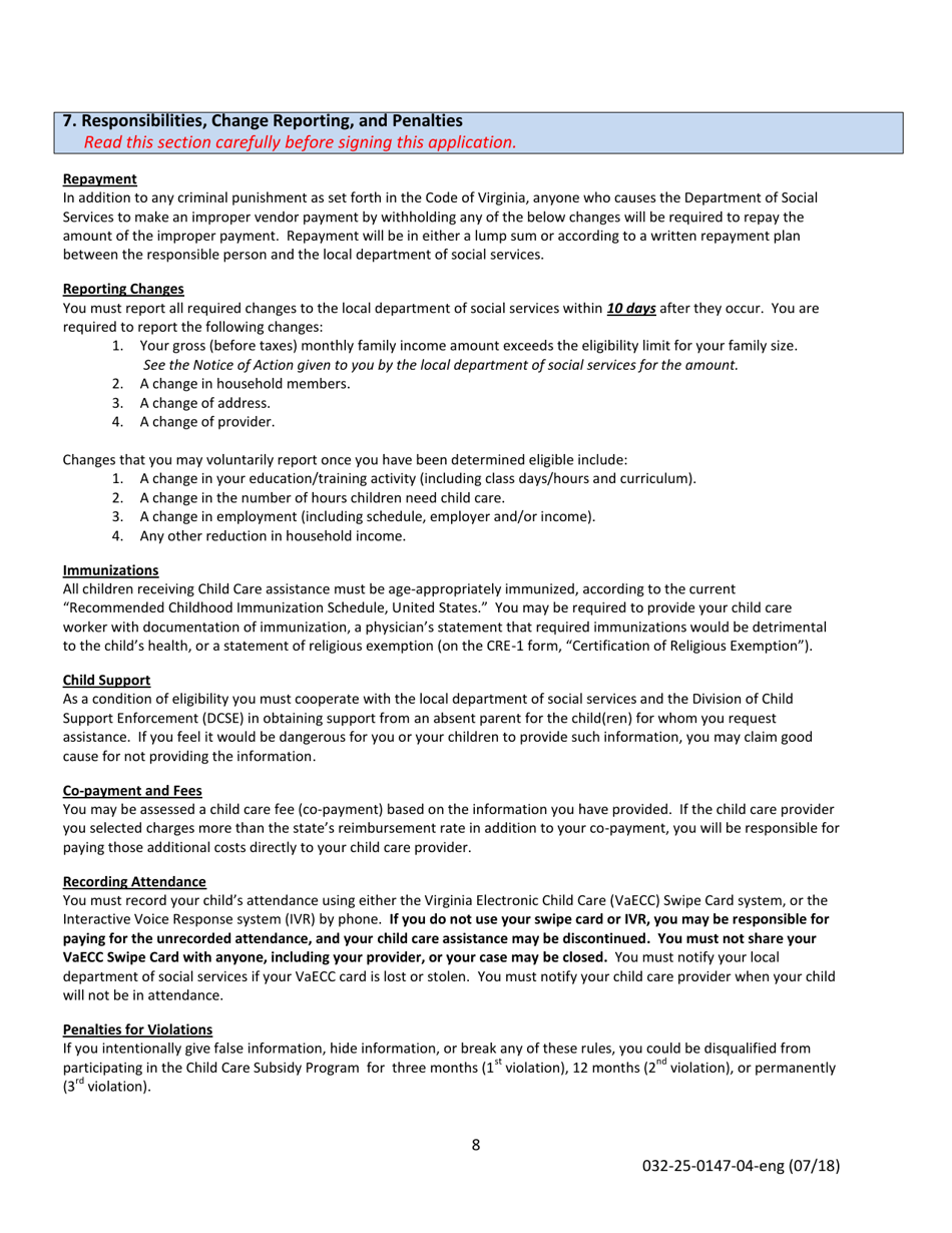 Form 032-25-0147-04-ENG Child Care Subsidy Service Application and Redetermination Form - Virginia, Page 8