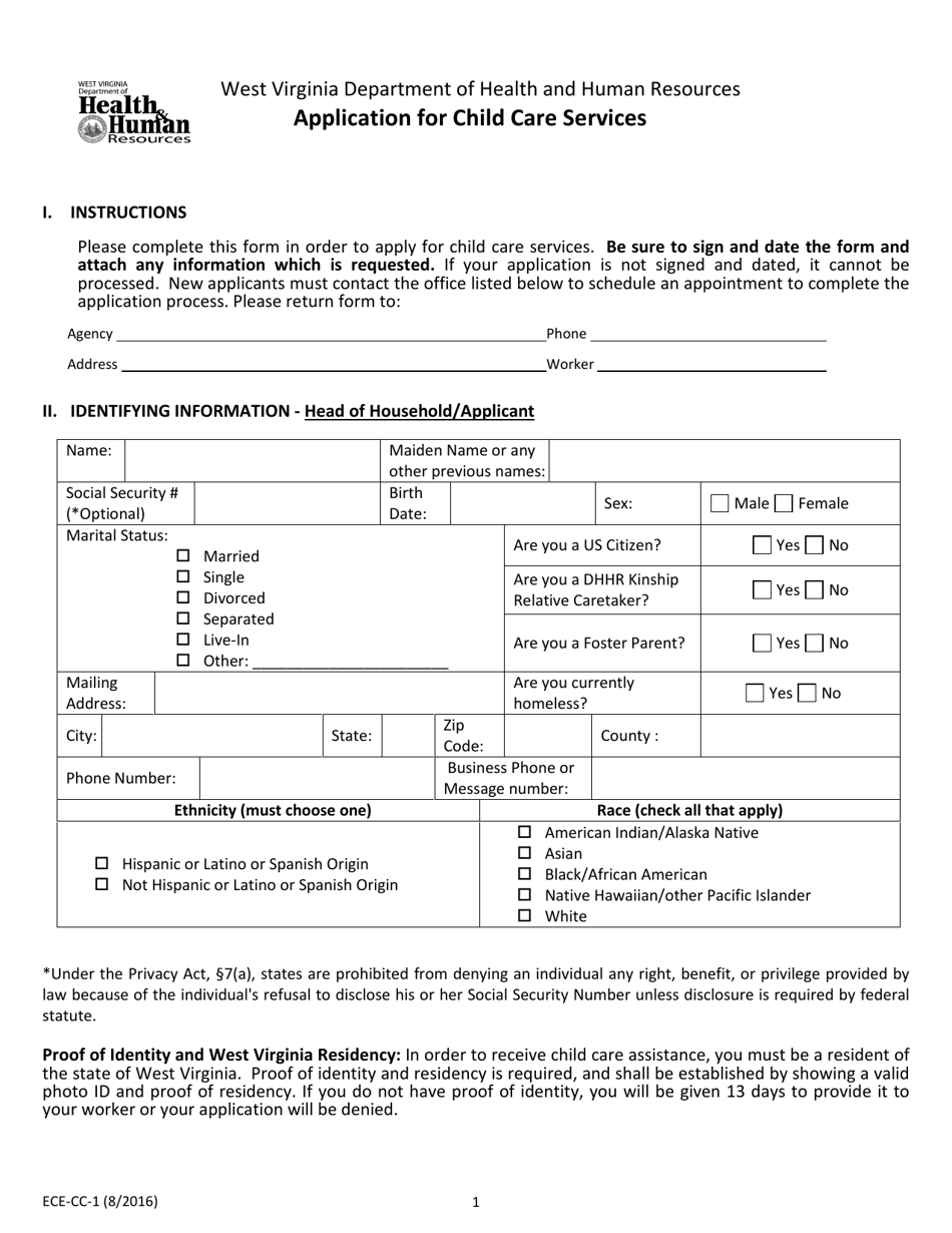 Form ECE-CC-1 Application for Child Care Services - West Virginia, Page 1