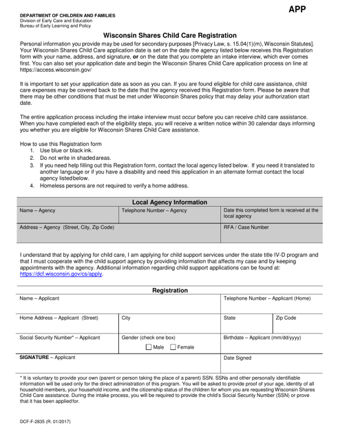 Form DCF F 2835 Download Printable PDF Or Fill Online Wisconsin Shares 