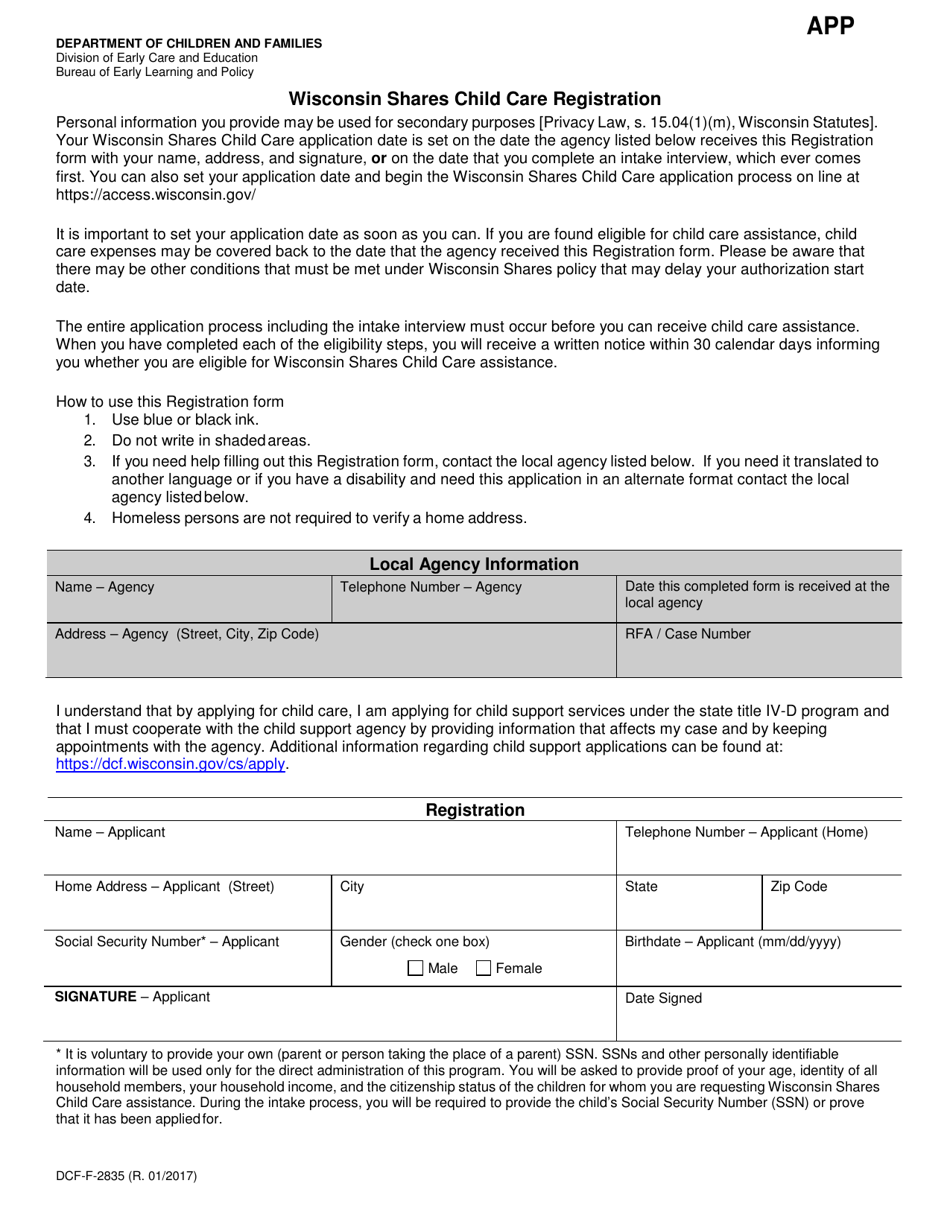 Form DCF-F-2835 Wisconsin Shares Child Care Registration - Wisconsin, Page 1
