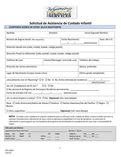 Formulario DFS100CC Solicitud De Asistencia De Cuidado Infantil - Wyoming (Spanish)