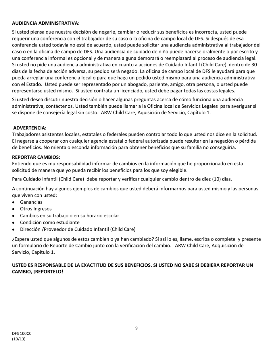 Formulario DFS100CC Solicitud De Asistencia De Cuidado Infantil - Wyoming (Spanish), Page 10