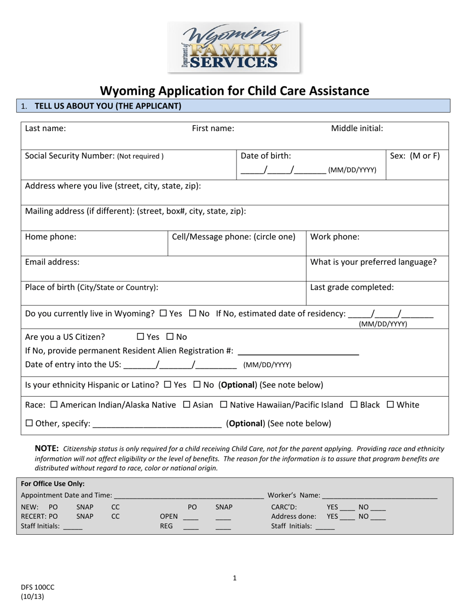 Form DFS100CC Wyoming Application for Child Care Assistance - Wyoming, Page 1