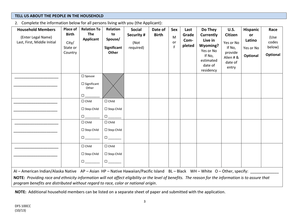 Form DFS100CC Wyoming Application for Child Care Assistance - Wyoming, Page 3