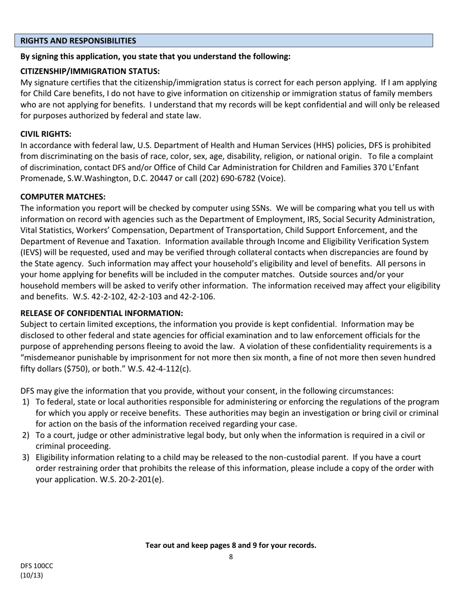Form DFS100CC Wyoming Application for Child Care Assistance - Wyoming, Page 9
