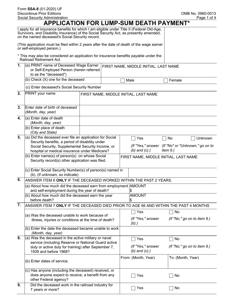 Form SSA-8 Application for Lump-Sum Death Payment, Page 1