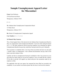 Document preview: Sample Unemployment Appeal Letter for Misconduct