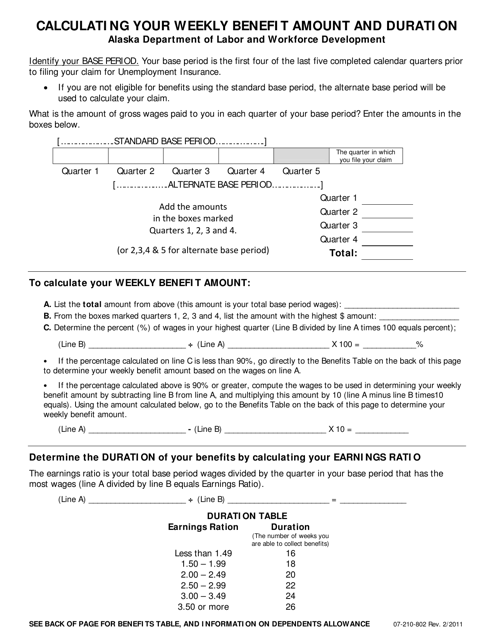 Form 07-210-802 Calculating Your Weekly Benefit Amount and Duration - Alaska