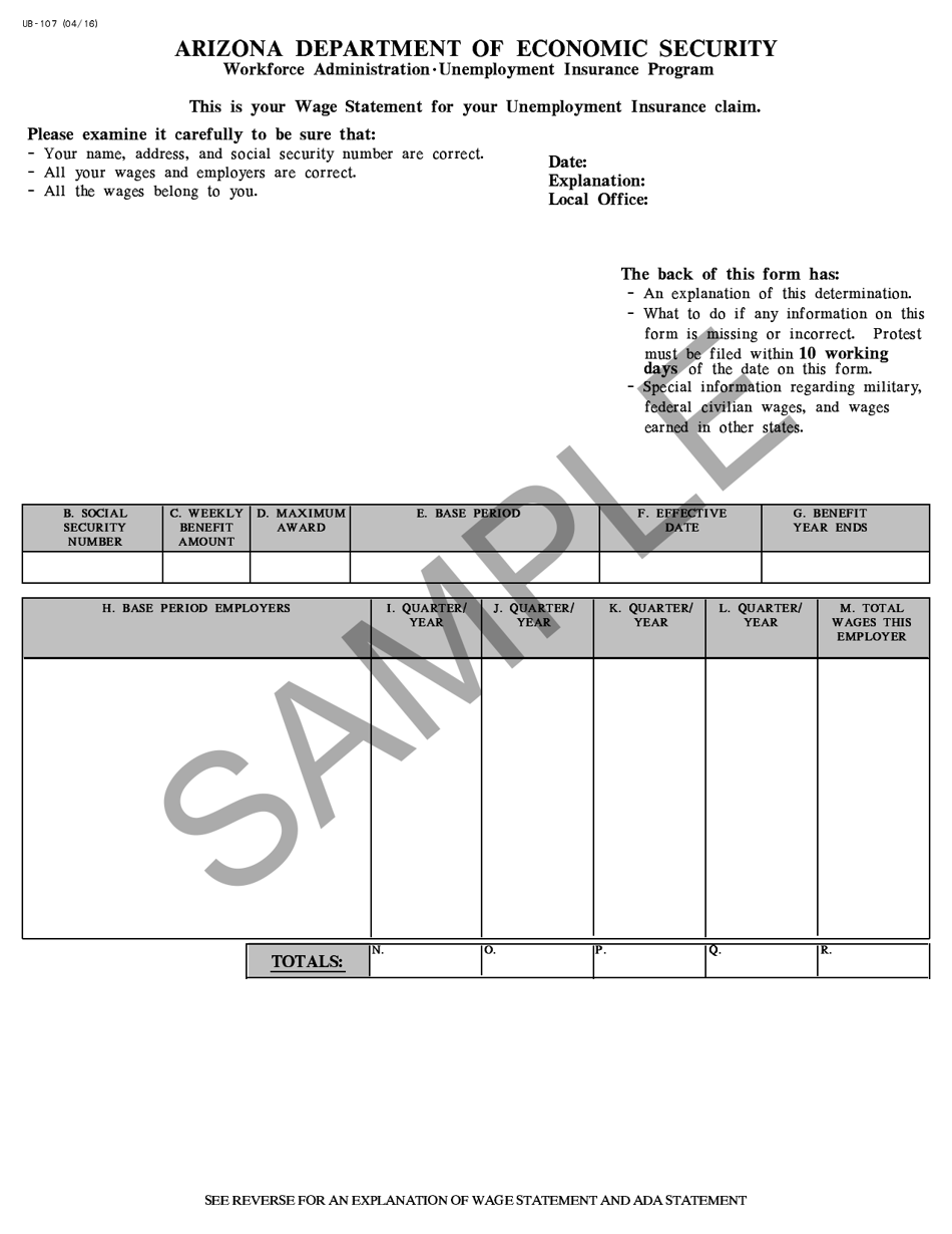 Form UB-107 Wage Statement - Arizona, Page 1