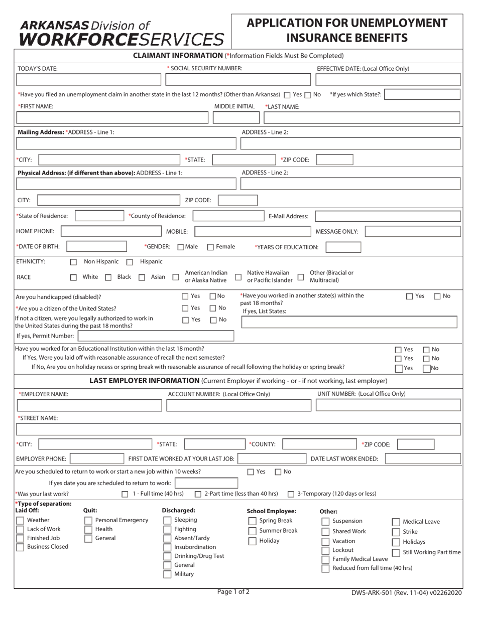 Form DWS-ARK-501 Application for Unemployment Insurance Benefits - Arkansas, Page 1