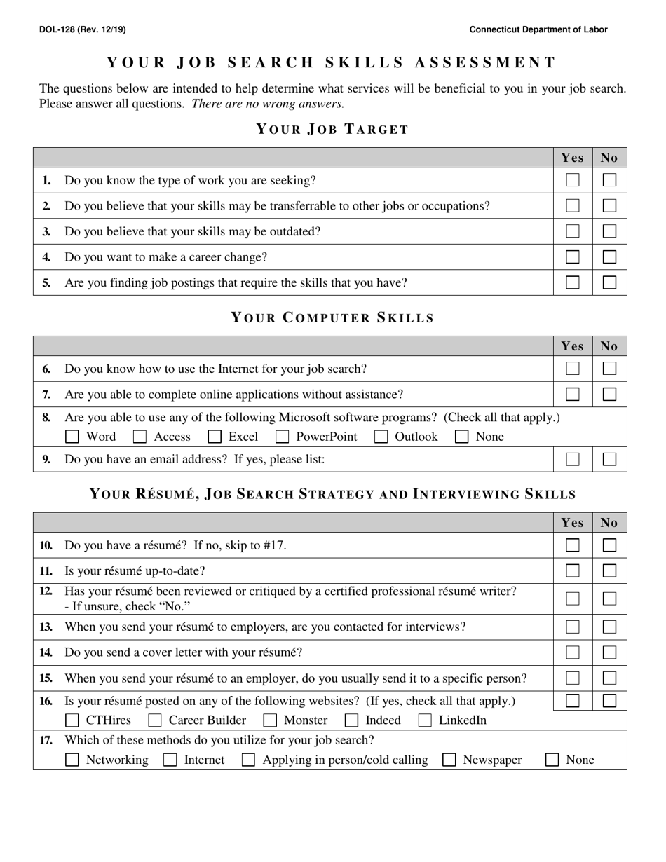 Form DOL-128 Job Search Skills Assessment Form - Connecticut, Page 1