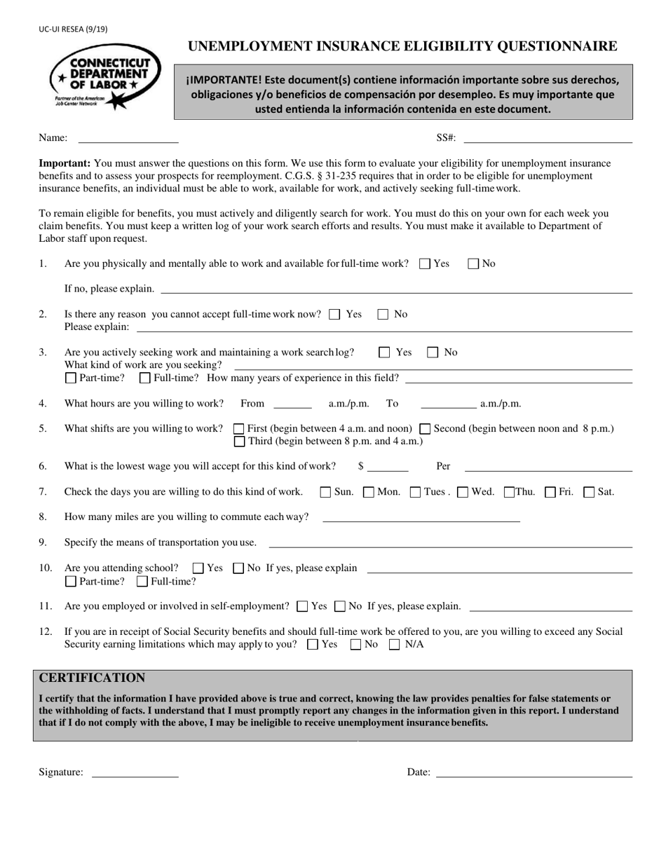 Form UC-UI RESEA Unemployment Insurance Eligibility Questionnaire - Connecticut, Page 1