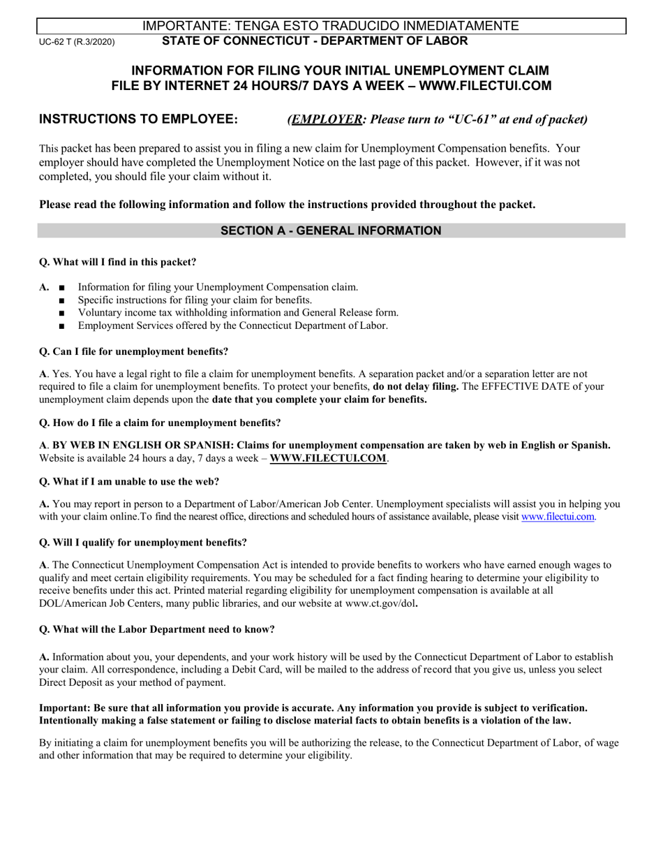 Form UC-62 T Unemployment Separation Package - Connecticut, Page 1