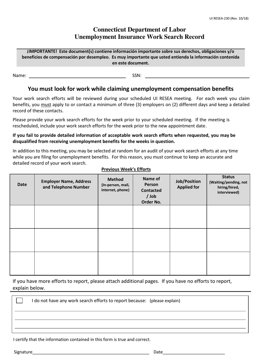 Form UI RESEA-230 Unemployment Insurance Work Search Record - Connecticut, Page 1