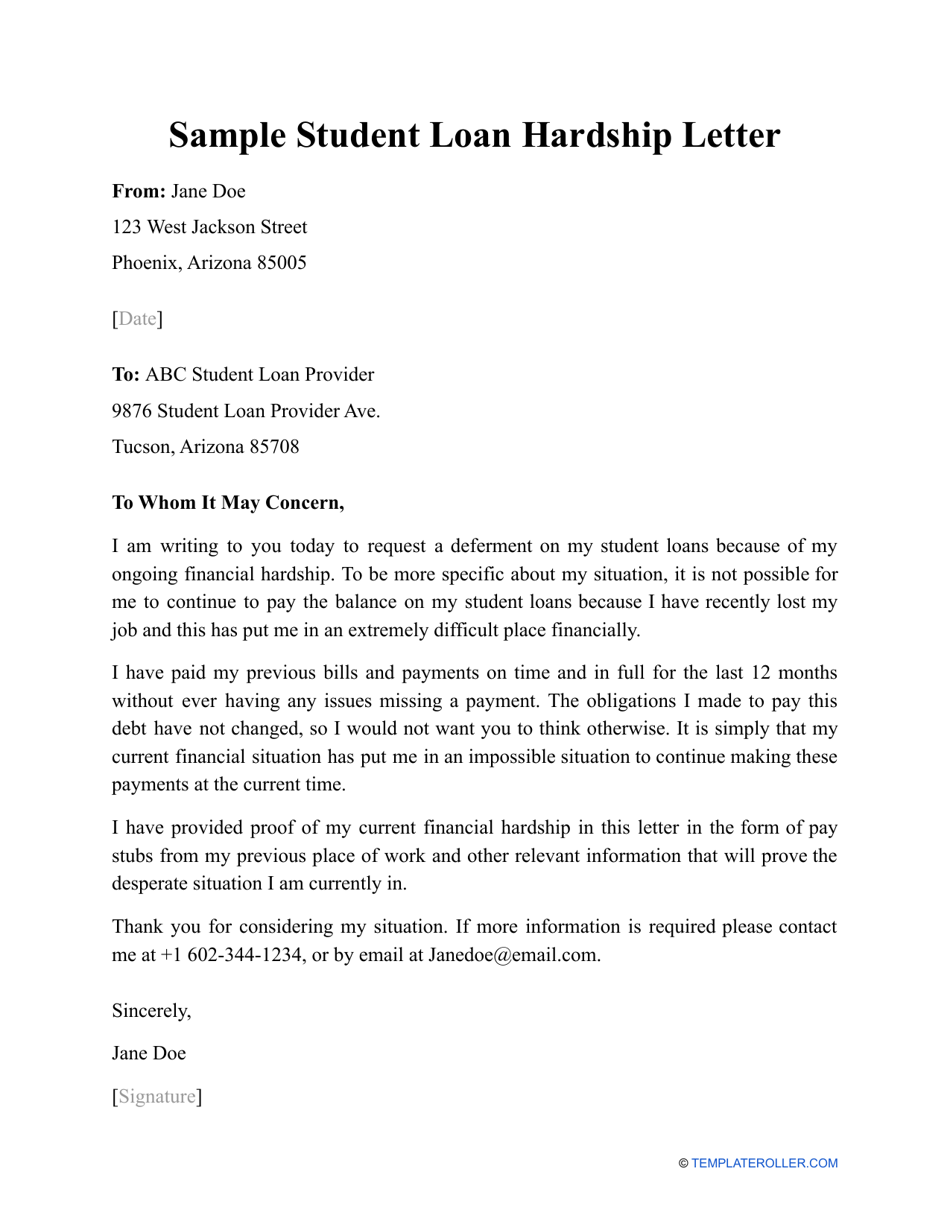 Sample Student Loan Hardship Letter, Page 1