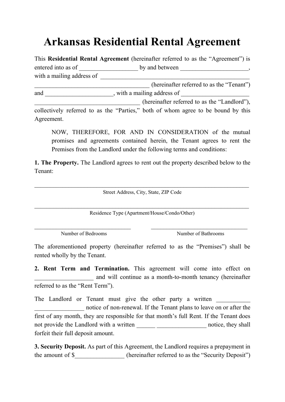 Residential Rental Agreement Template - Arkansas, Page 1