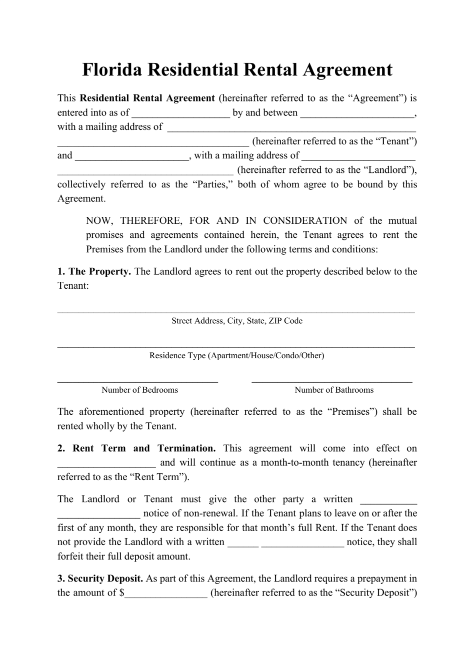 Residential Rental Agreement Template - Florida, Page 1