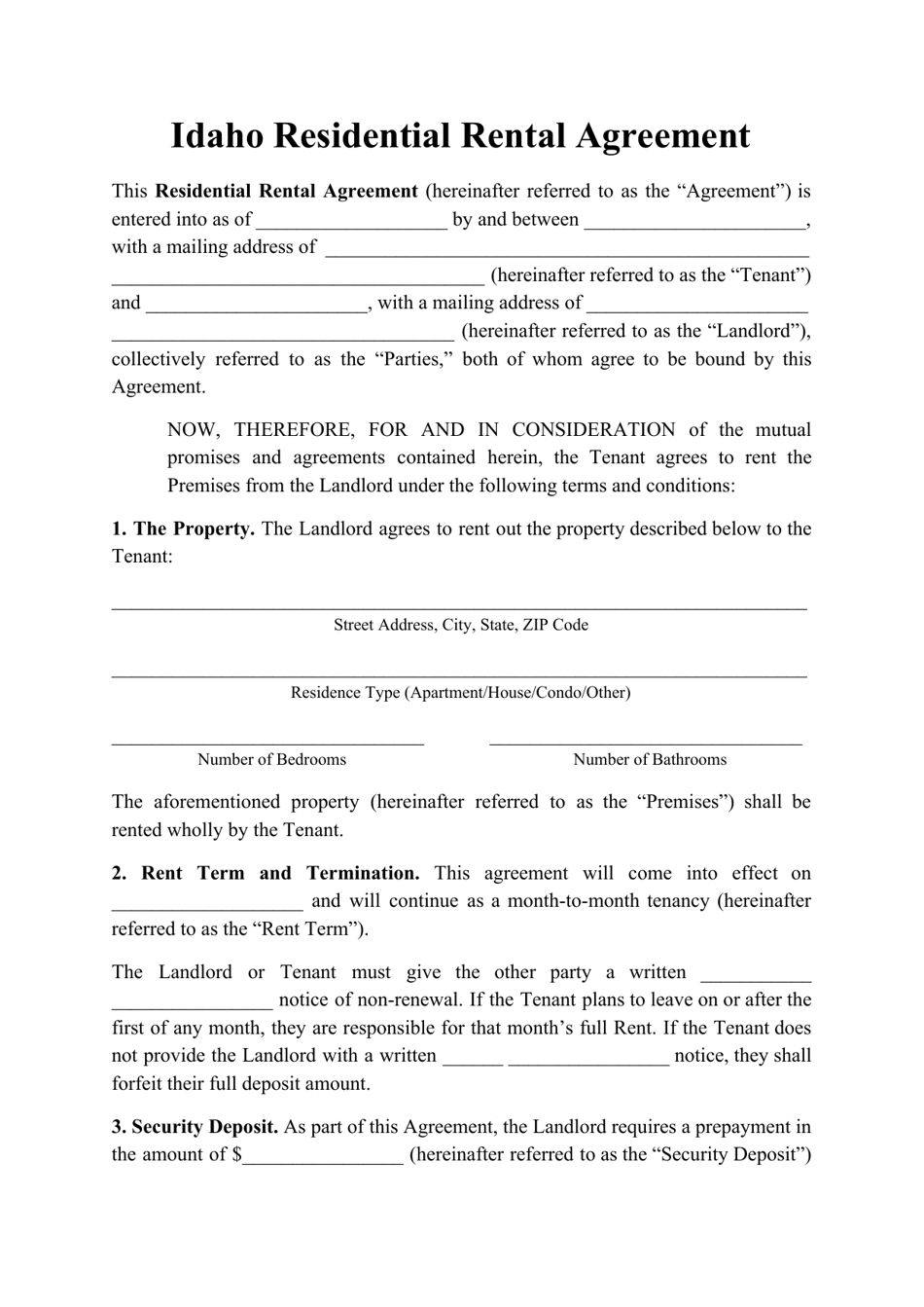 Residential Rental Agreement Template - Idaho, Page 1
