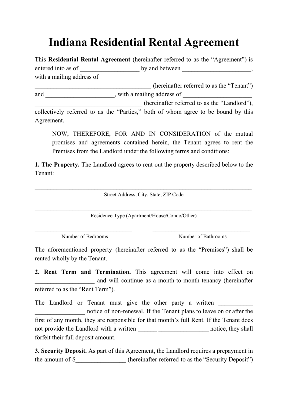 Residential Rental Agreement Template - Indiana, Page 1