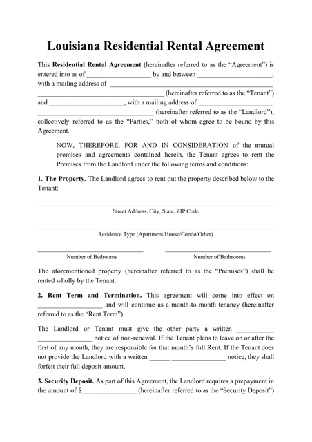 Residential Rental Agreement Template - Louisiana Download Pdf