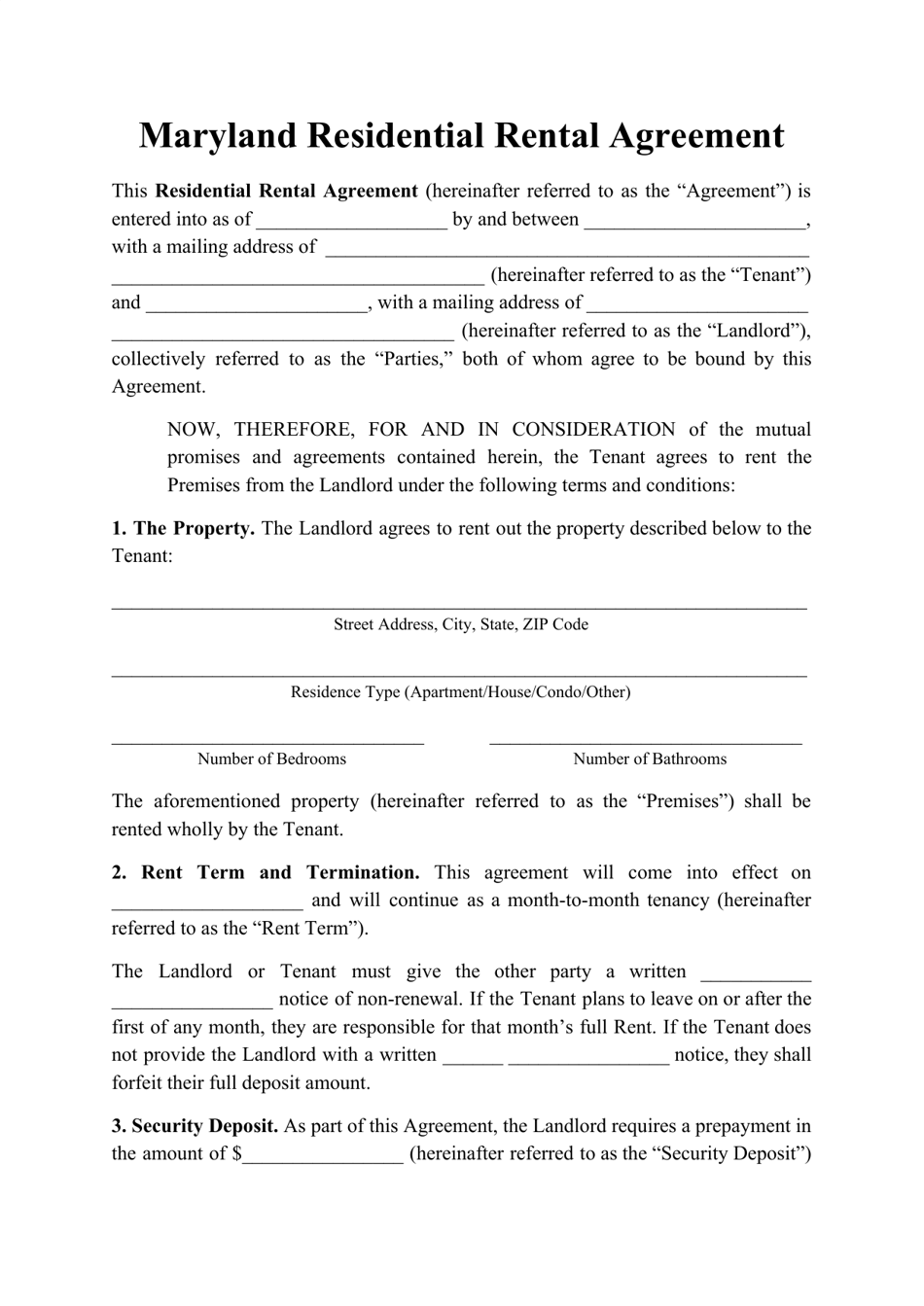 Residential Rental Agreement Template - Maryland, Page 1
