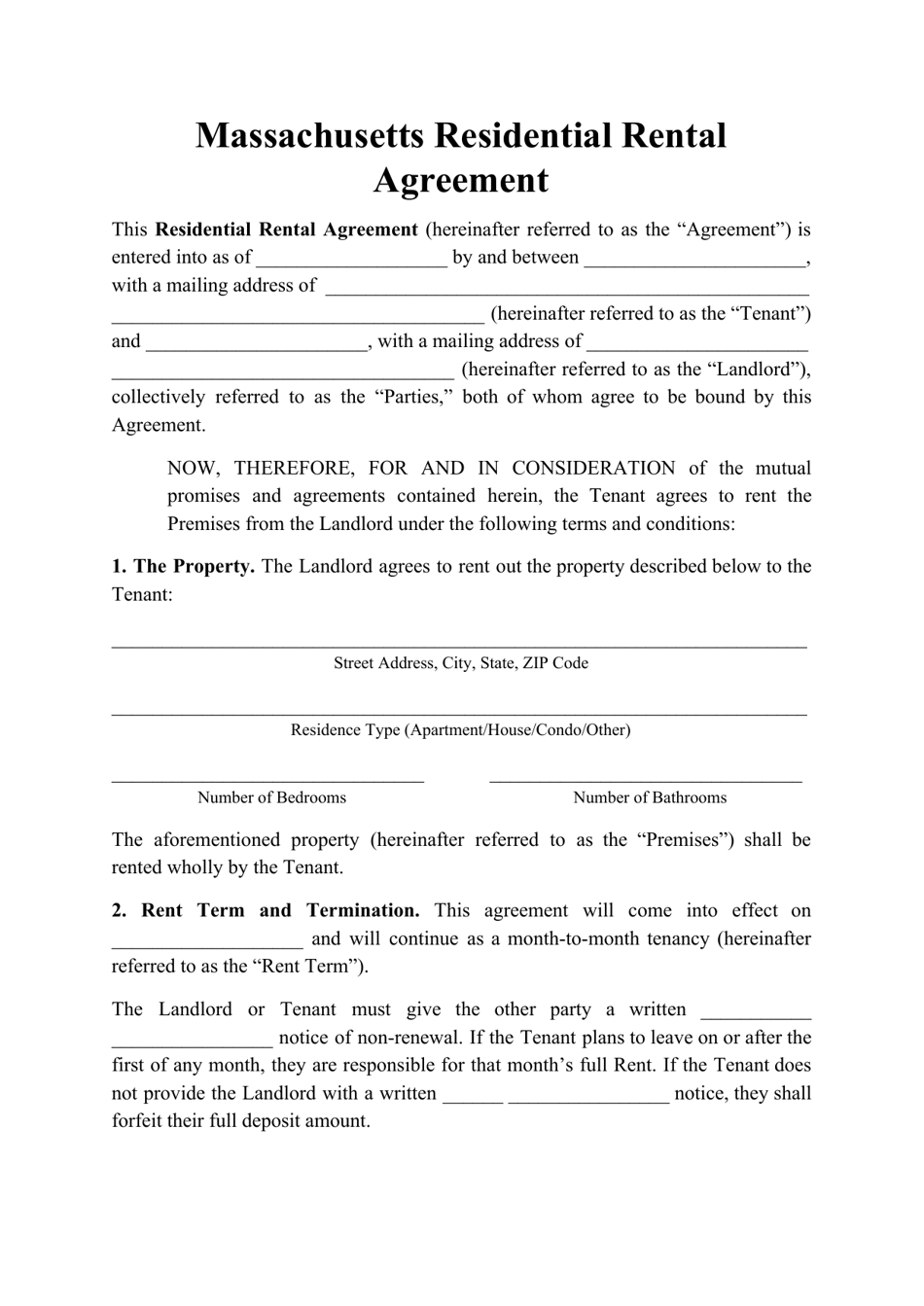 Residential Rental Agreement Template - Massachusetts, Page 1