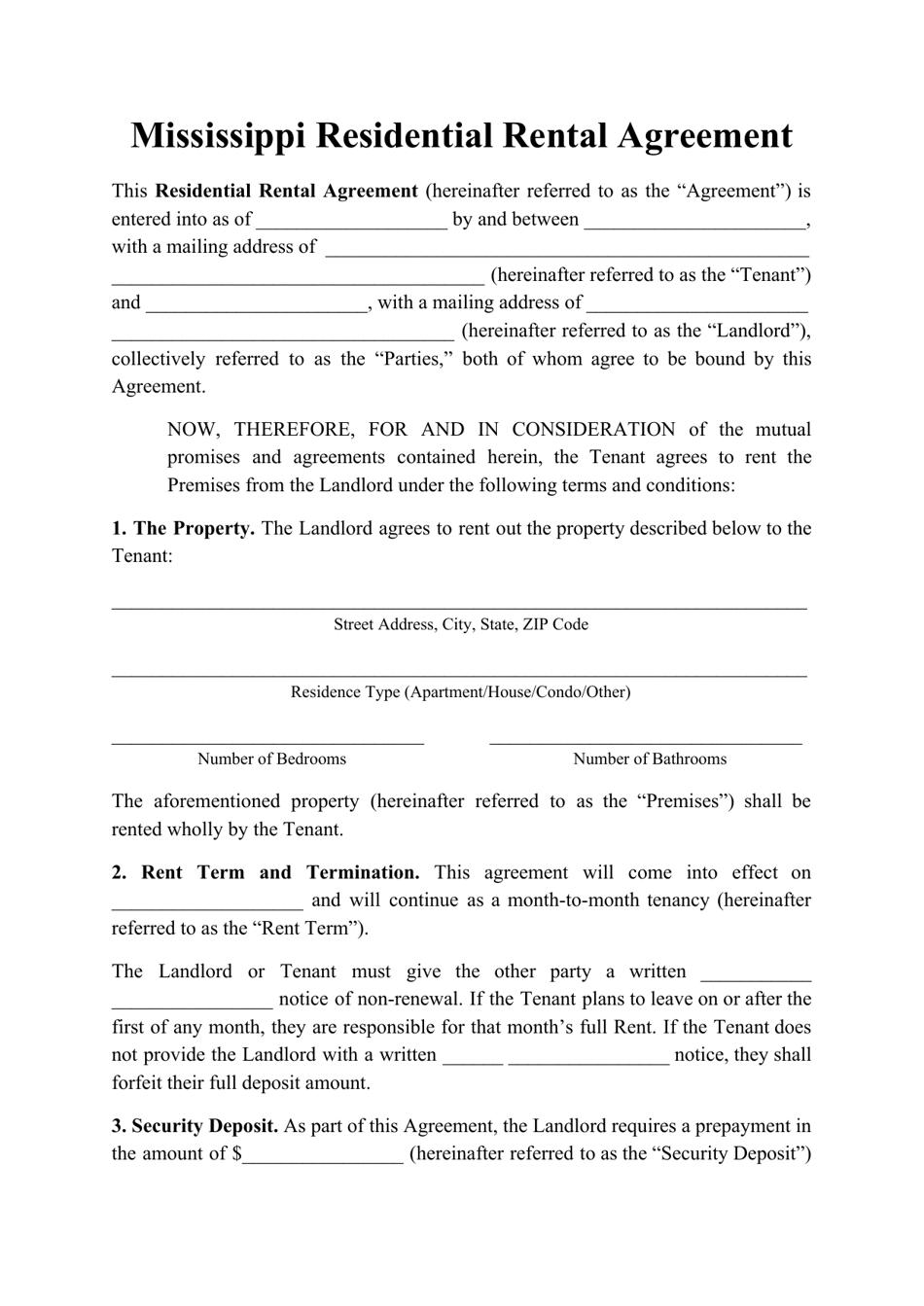 Residential Rental Agreement Template - Mississippi, Page 1