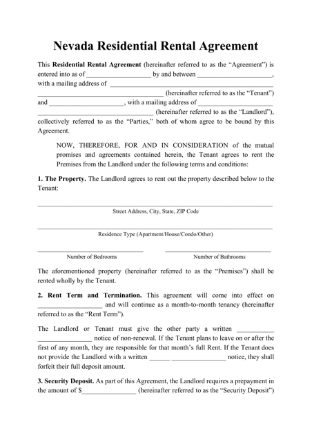 Residential Rental Agreement Template - Nevada Download Pdf