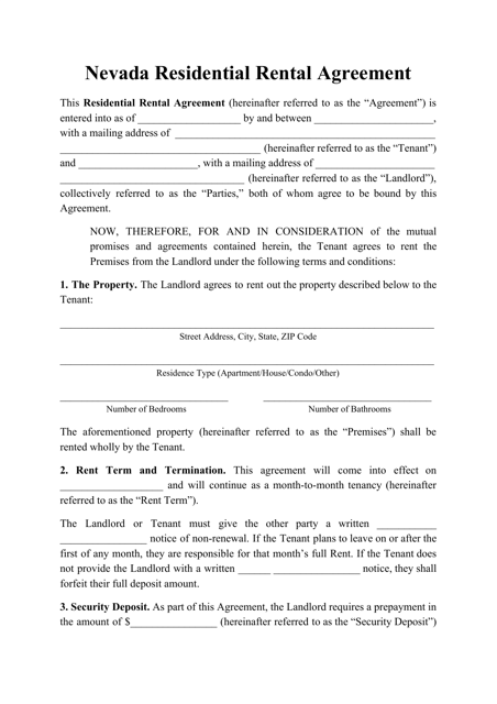 Free Nevada Standard Residential Lease Agreement Template Pdf Word 