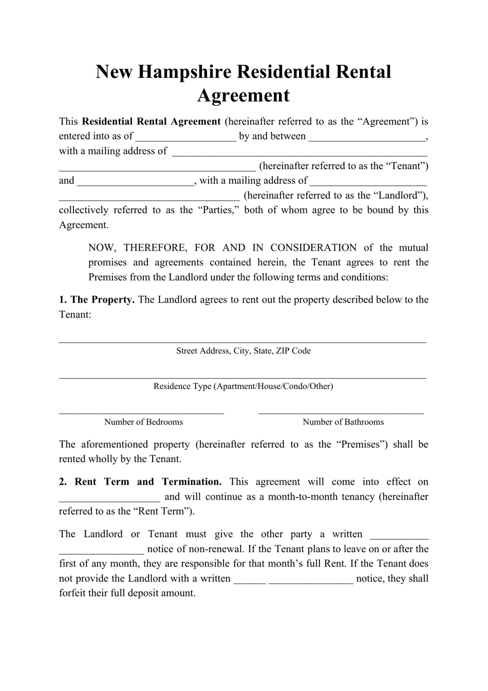 Residential Rental Agreement Template - New Hampshire, Page 1