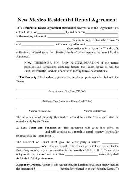 Residential Rental Agreement Template - New Mexico Download Pdf