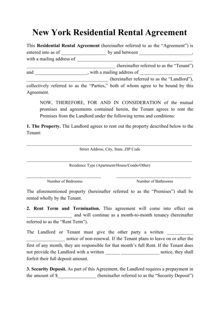 Residential Rental Agreement Template - New York Download Pdf