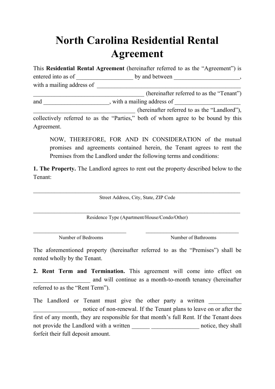Residential Rental Agreement Template - North Carolina, Page 1