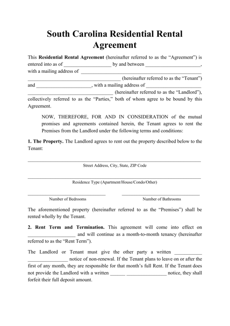 &quot;Residential Rental Agreement Template&quot; - South Carolina Download Pdf