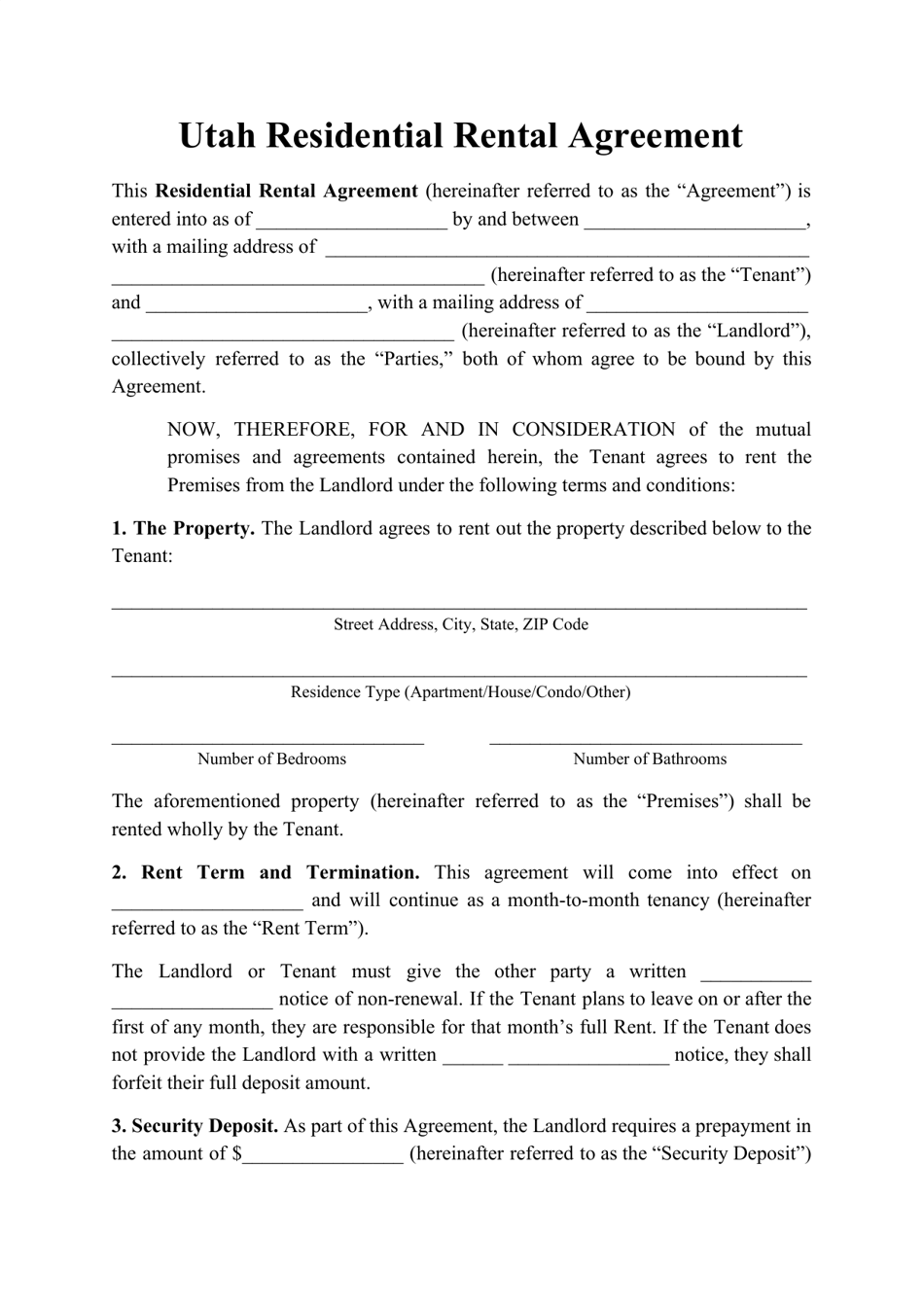 utah residential rental agreement template download printable pdf