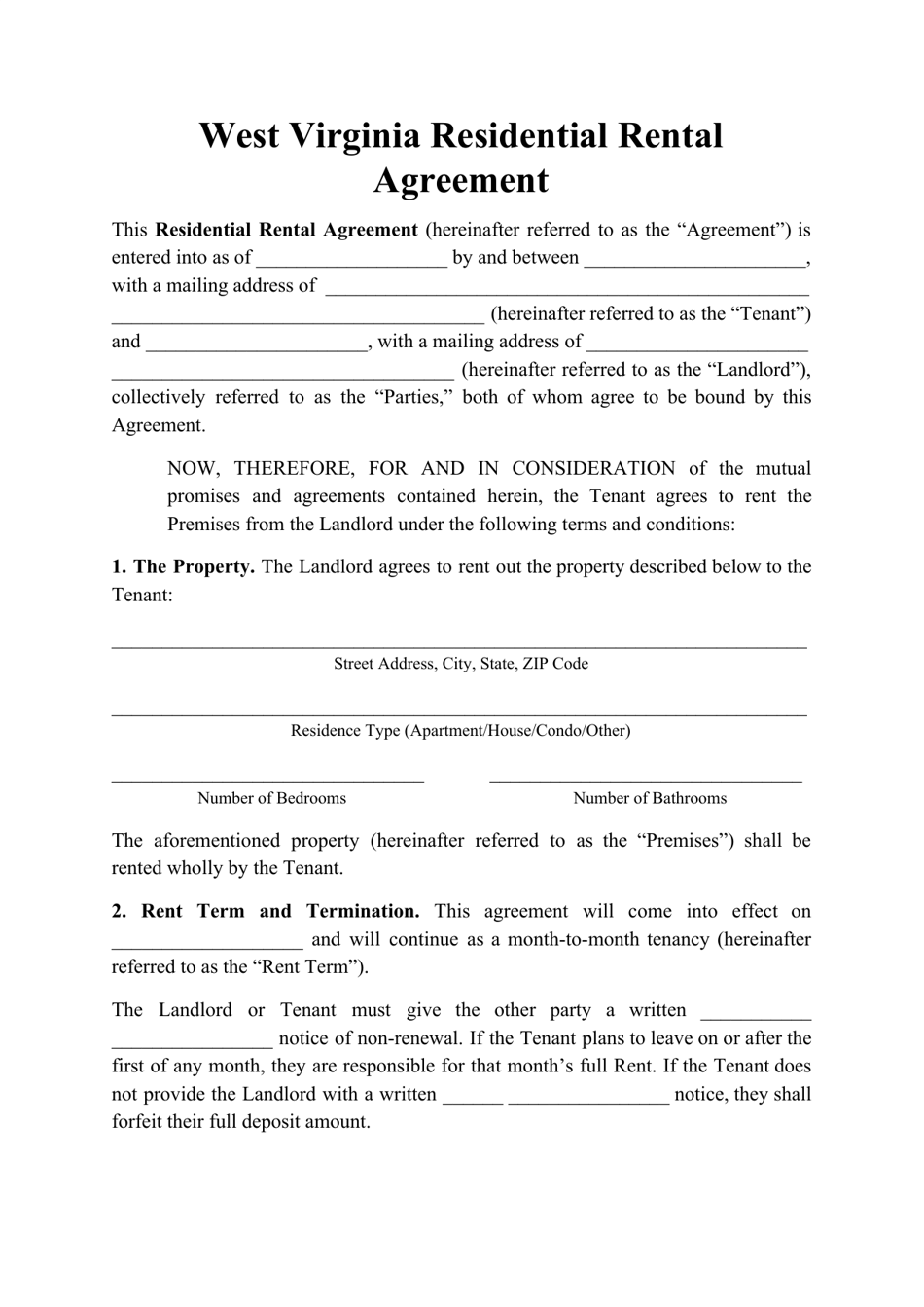 Residential Rental Agreement Template - West Virginia, Page 1