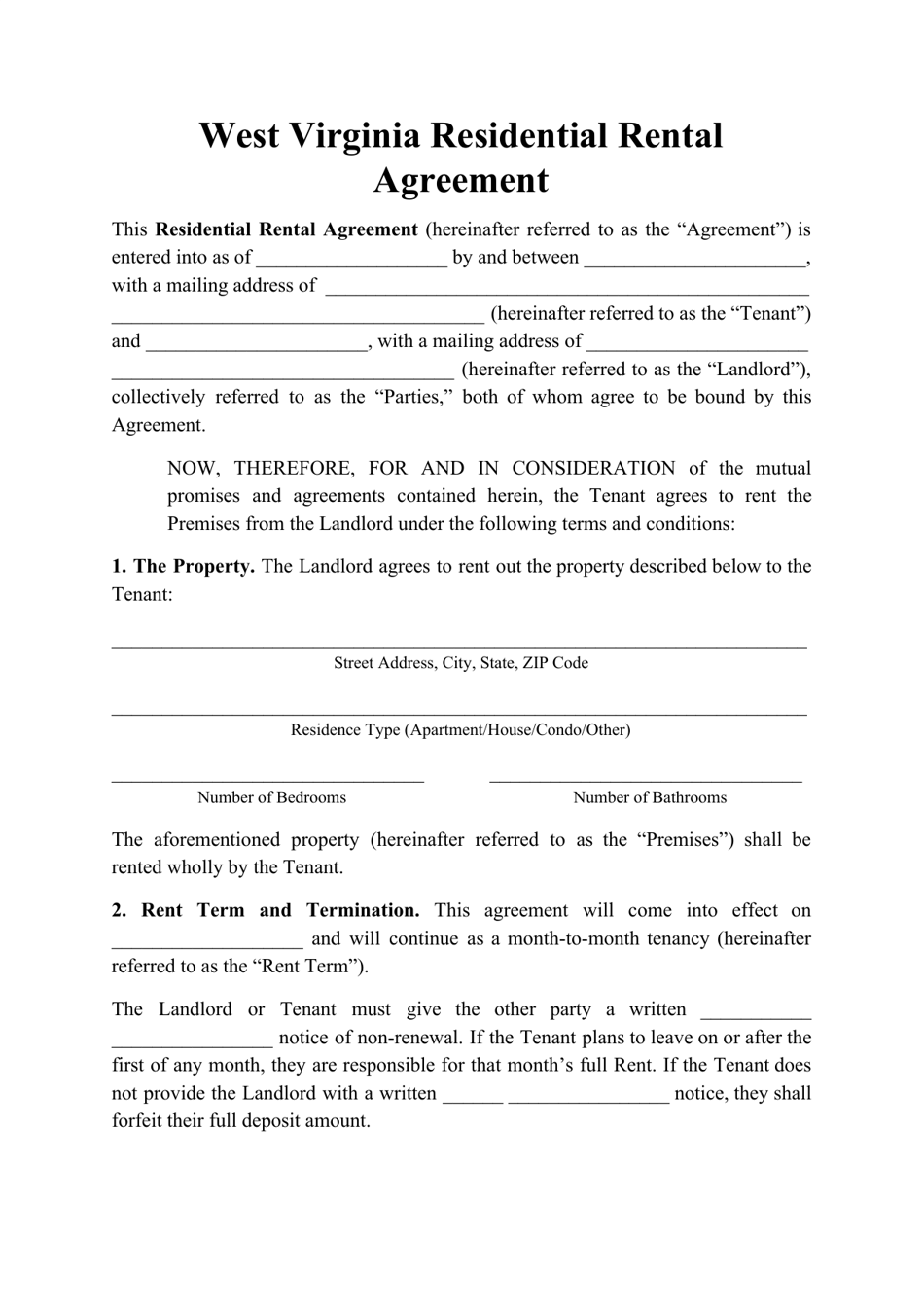 West Virginia Residential Rental Agreement Template Download Printable 